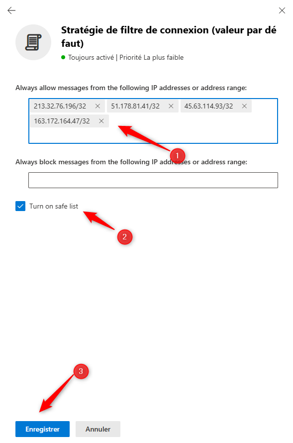 Stratégie de filtre de connexion - ajout des IPs Clean Mailbox